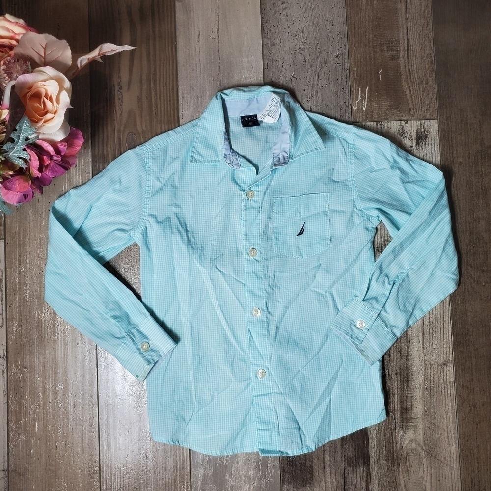 Nautica Aqua Blue and White Plaid Boys Button Down Shirt Size 6 EUC